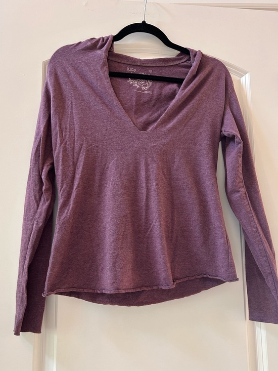 Lucy Tops - Lucy Soy and Cotton Blend Plum Purple Lightweight Hoodie. Deep V. Pilates. Yoga.